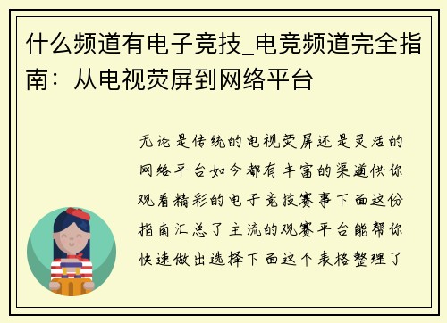 什么频道有电子竞技_电竞频道完全指南：从电视荧屏到网络平台